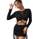 Women Dress Sexy Cutout Knitted Long-Sleeved Dress Hip Skirt