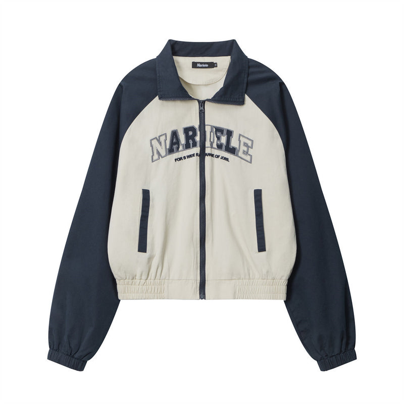 Women Jacket Letter Embroidered Color Matching Casual Coat Lapel Sports Jacket