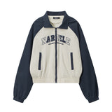 Women Jacket Letter Embroidered Color Matching Casual Coat Lapel Sports Jacket