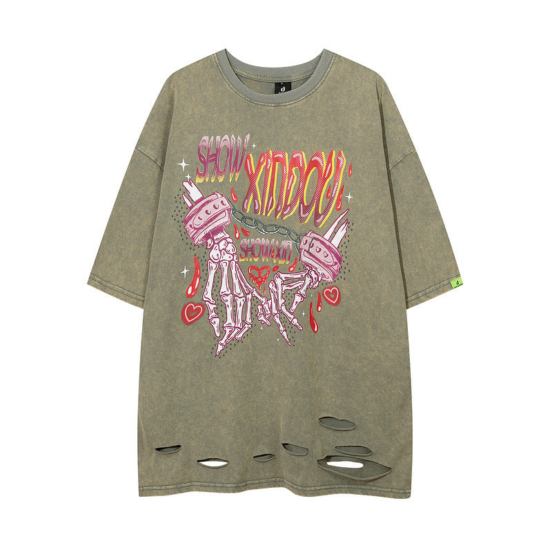 Men T Shirt Hip Hop Letter Graffiti Ripped Short Sleeve T-shirt