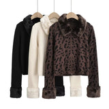 Women Sweater Knitwear Fall and Winter Lapels Slim-Fit Zipper BF Coat Leopard Print Knitted Cardigan