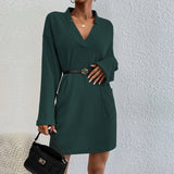 Women Dress Loose Casual Sexy V-neck Pocket Long Sleeve Dress Mini Dress