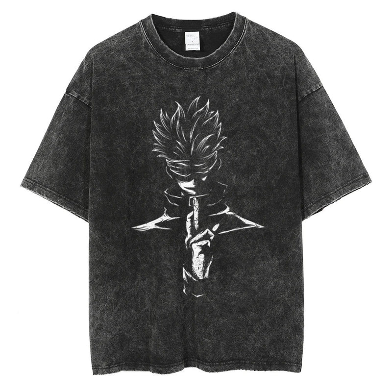 Men Fashion Streetwear Washed Black T-Shirt Harajuku Japanes