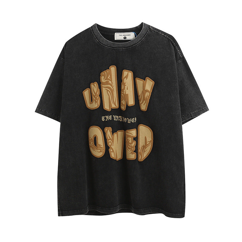 Men T Shirt Vintage Foam Printed Letters Casual Short Sleeve T-shirt