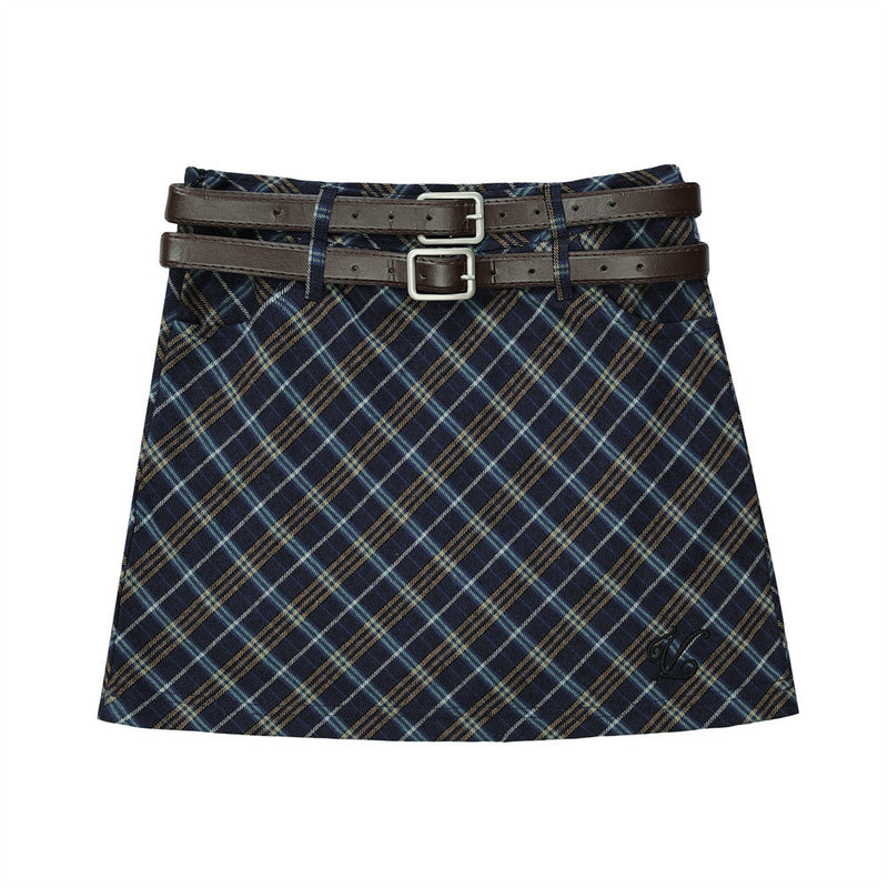 Women Skirt Plaid Double Belt A- line Skirt Skirt