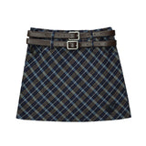 Women Skirt Plaid Double Belt A- line Skirt Skirt