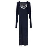Women Dresses U-Neck Vest Camisole Dress Long Sleeve Cardigan Suit Knitted Maxi Dress