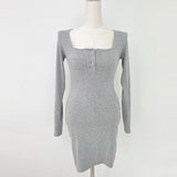 Women Dresses Button Open Collar Long Sleeve Hip Skirt Square Collar Dress Short Skirt