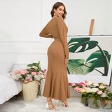 Women Date Dress Knitted Long Sleeve V-neck Lace-up Fishtail Skirt