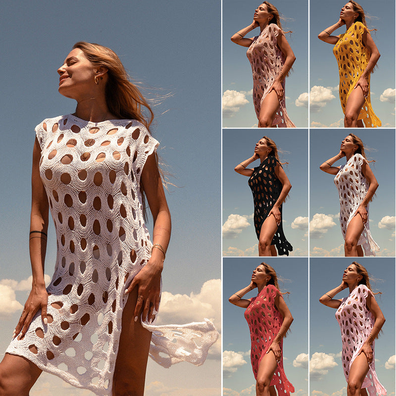Women Knit Beach Cover Knitted Hollow-out Pullover One-Piece Casual Beach Blouse