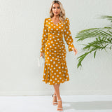 Women Date Dress Autumn and Winter Dress Sexy V-neck Polka Dot Printing Long-Sleeved Fishtail Dress