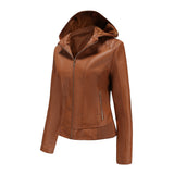 Red Leather Jacket Fall Winter Hooded Leather Women's Detachable Hat Long-Sleeve Zipper Fleece-Lined Wallet