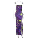 Women Dresses Autumn Printed Slim Fit Slit Backless Sling Dress