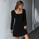 Women Dress Square Collar Long Sleeve Dress