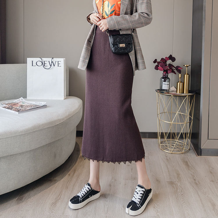 Women Knitted Skirt Lace Package Hip Skirt Casual Autumn and Winter