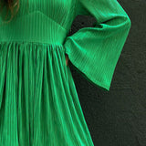 Women Dress Spring Green Pleated Dress round Neck Dress