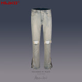MIJKO Mens Vintage Pants Zipper Slim Fit Ripped Old Jeans
