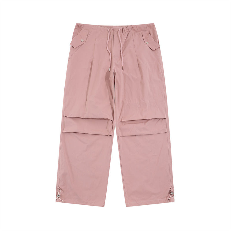 Men Sweatpants Knee Fold Wide-Leg Overalls Solid Color Casual Pants Hip Hop Drawstring Straight-Leg Trousers