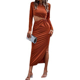 Women Dress Casual Hollow-out Long-Sleeved Knitted Dress Sheath Dress
