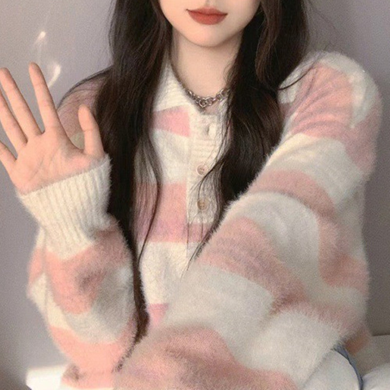 Women Knitwear Autumn and Winter Striped Polo Collar Knitwear Loose Knitted Cardigan