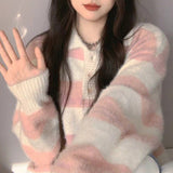 Women Knitwear Autumn and Winter Striped Polo Collar Knitwear Loose Knitted Cardigan