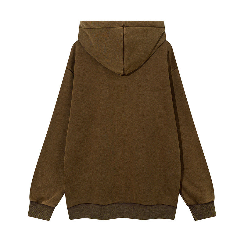 Men Hoodie Vintage Fleece-Lined Hooded Zip Jacket
