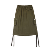 Women Long Skirt Ribbon Drawstring Suit Skirt Multi-Pocket Mid-Length A- line Skirt