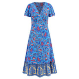 Women Date Dress Floral Dress Short Sleeve V-neck Bohemian A- line Skirt