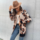 Women Knitted Sweater Fall Long Leopard Cardigan Knitted Sweater Coat