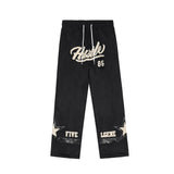 Men Sweatpants Embroidered Letter PU Leather Patchwork Casual Pants Straight-Leg Trousers Elastic Waist Wide Leg Pants