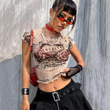 Women T-shirt Punk Mesh Floral Print Casual Fitted Short T-shirt