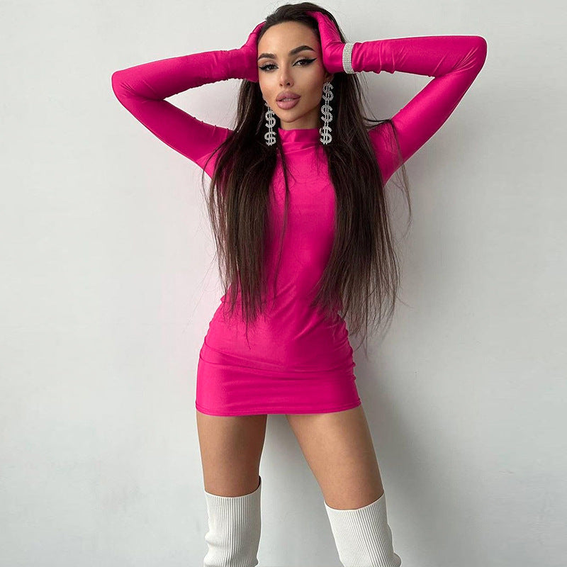 Women Dresses Summer Sexy Hip Crew Neck Long Sleeve Gloves Dress