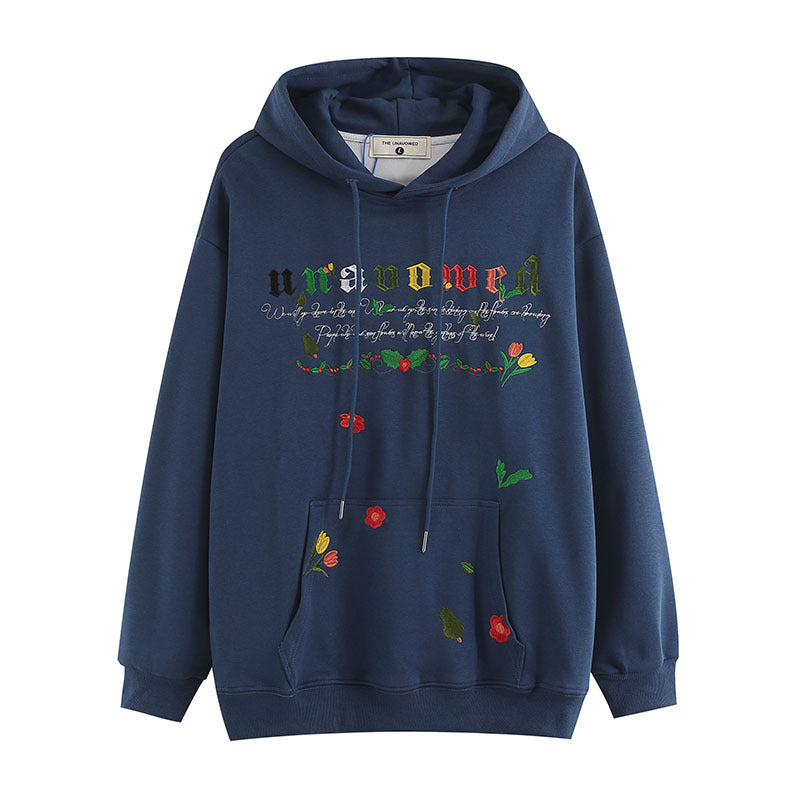 Men Hoodie Vintage Floral Embroidered Hooded Sweater