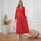 Women Date Dress Single-Breasted Cardigan Skirt V-neck Bubble Long Sleeve Dress