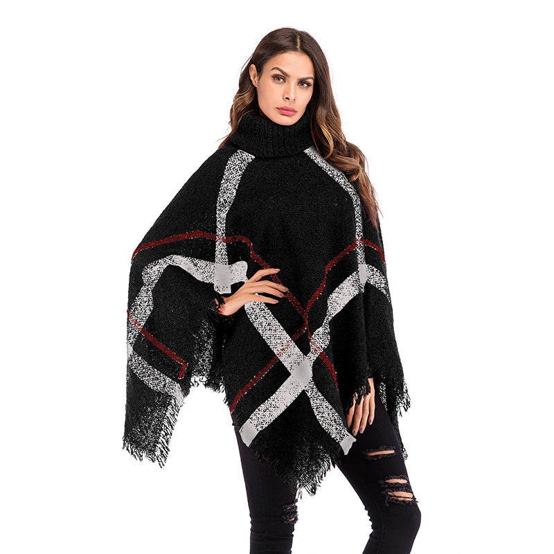 Women Knitted Sweater Autumn Irregular Plaid Tassel Turtleneck Cloak Long Sleeve Knitted Cape and Shawl