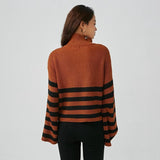 Women Sweater Knit Wear Zipper Striped Sweater Autumn and Winter Turtleneck Knitted Cardigan