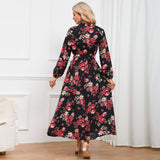 Women Date Dress Autumn Long Sleeve Lace Stand Collar Belt Long Dress