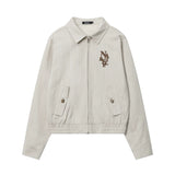 Women Jacket Letter Embroidered Jacket Casual Polo Collar Zipper Cardigan Outerwear