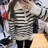 Women Knitwear Autumn and Winter Striped Turtleneck Zipper Knitwear Loose Sweater