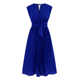 Women Date Dress Summer V-neck Pleated Sleeveless Waist Dress