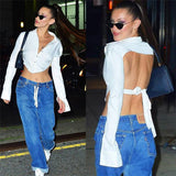 Women T-shirt Autumn Backless Hollow Cardigan Long Sleeve with Lapel T-shirt