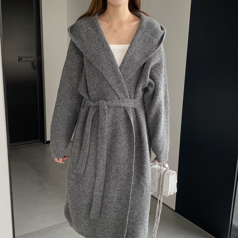 Women Cardigan Sweater Autumn Knitted Cardigan Long Sleeve Loose Long Hooded Sweater W2377