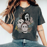 Washed Vintage Halloween Printed Street Vintage T-Shirt with Crew Neck Short Sleeves
