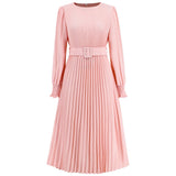Women Date Dress Fall/Winter Slim Long Sleeve round Neck Pleated Long Dress