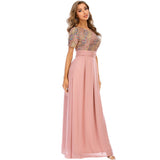 Women Evening Gown Sexy Chiffon Stitching Sequins Dress
