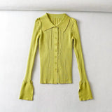 Women Sweater Knitwear Lapel Single Breasted Split Flare Sleeve Knitwear