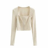 Women Sweater Knitwear Vintage Sexy Low Square Collar Long Sleeve Top Skinny Knit Cardigan Coat