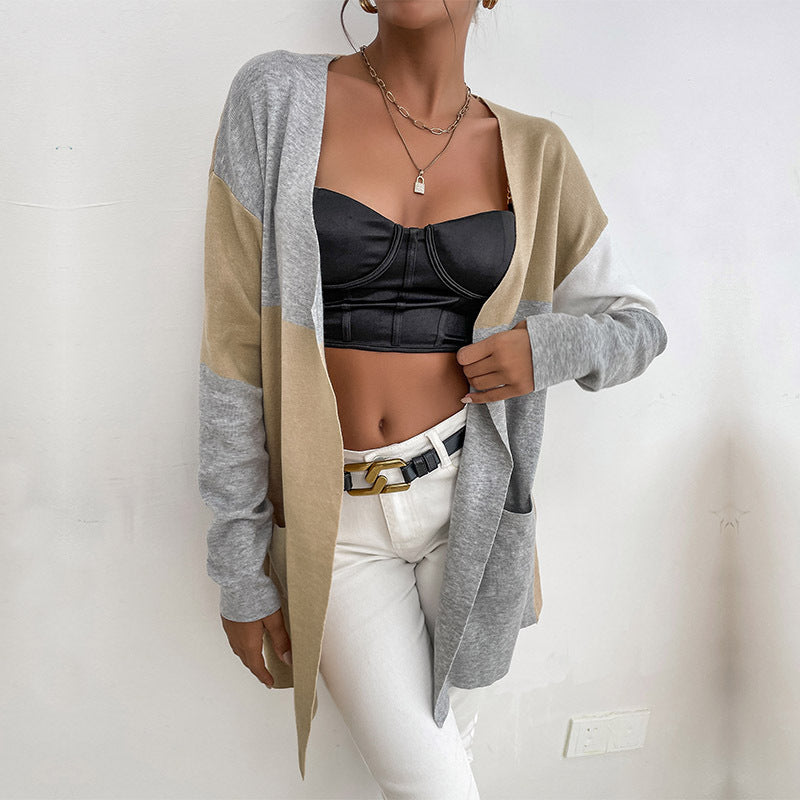 Women Knitted Sweater Autumn and Winter Knitting Long Sleeve Color Matching Sweater Cardigan