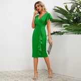 Women Date Dress round Neck Pleated Lace Dress