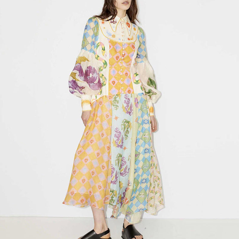 Women Dresses Spring Single Breasted Lapel Print Lantern Sleeve Dress (Qymy0409)